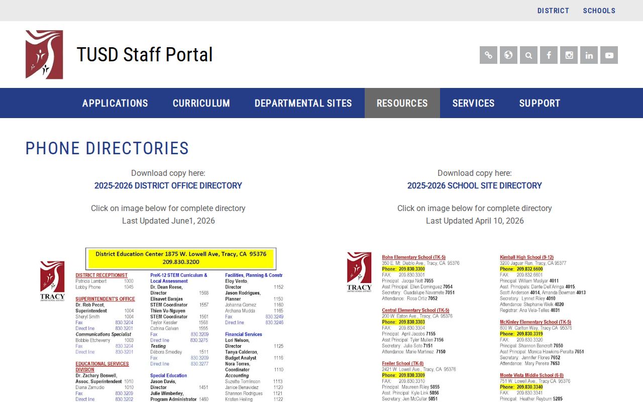 Tracy people directories school district phone directory page