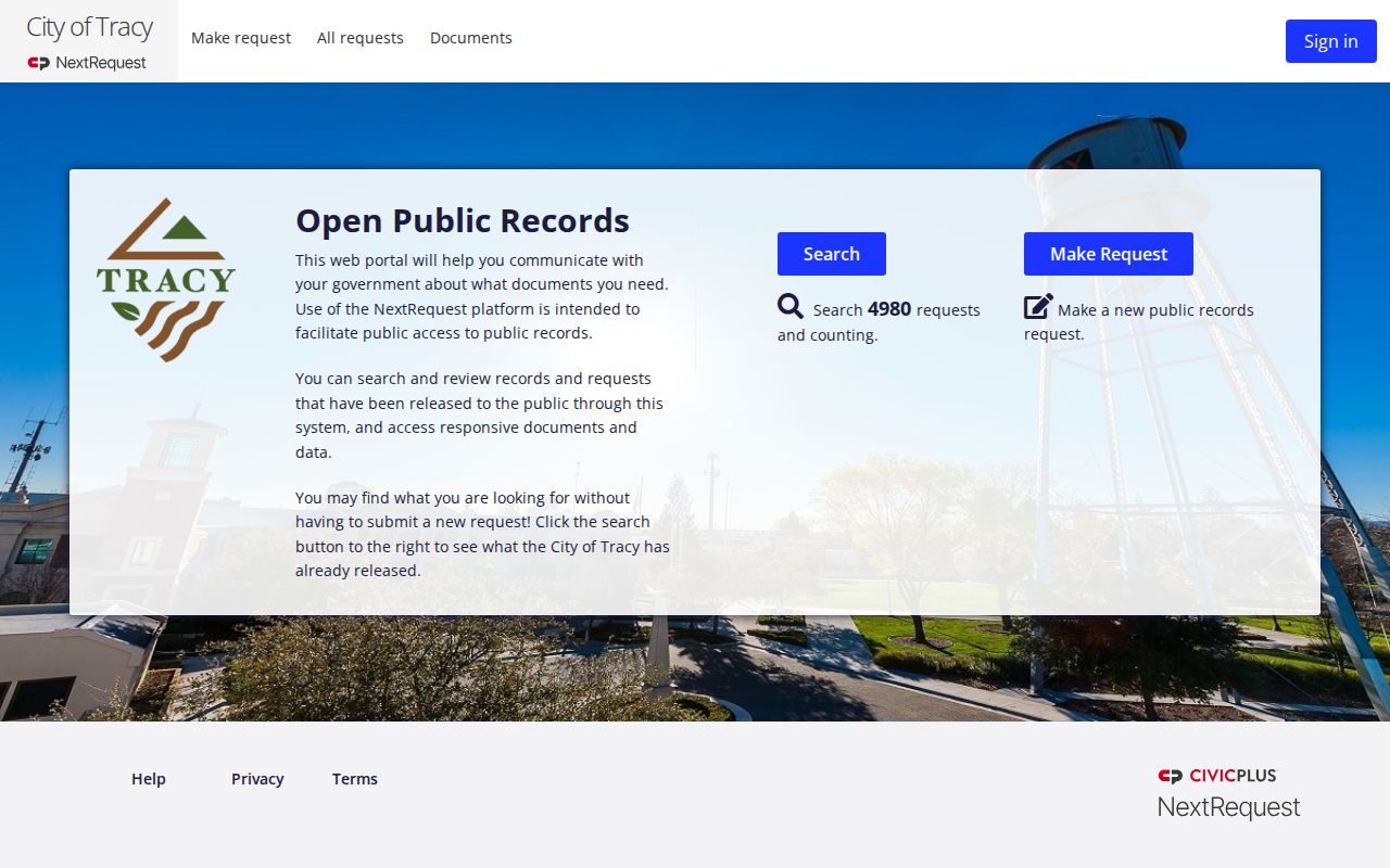 Tracy public records NextRequest portal for city files