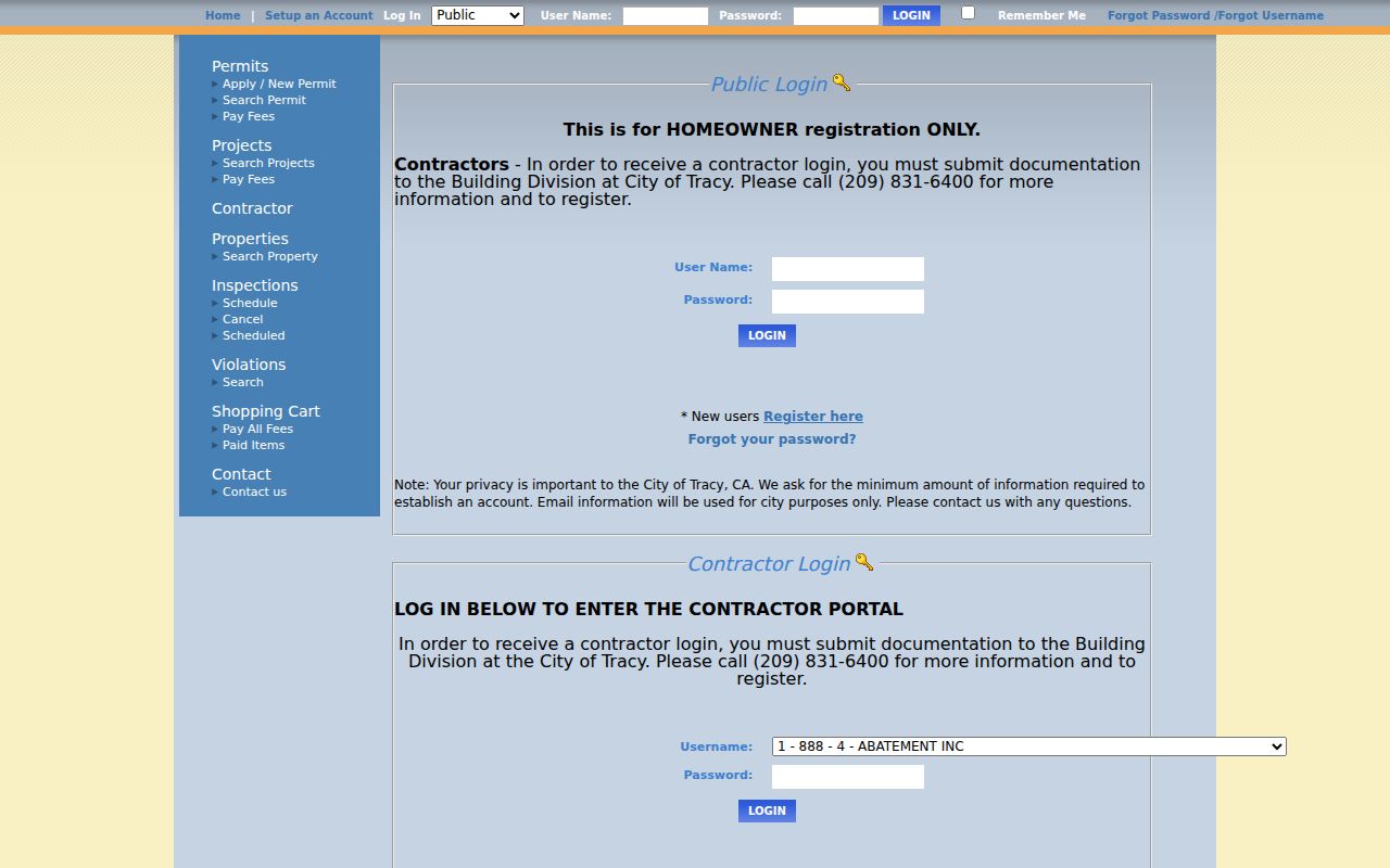 Tracy public records eTRAKiT permit search page