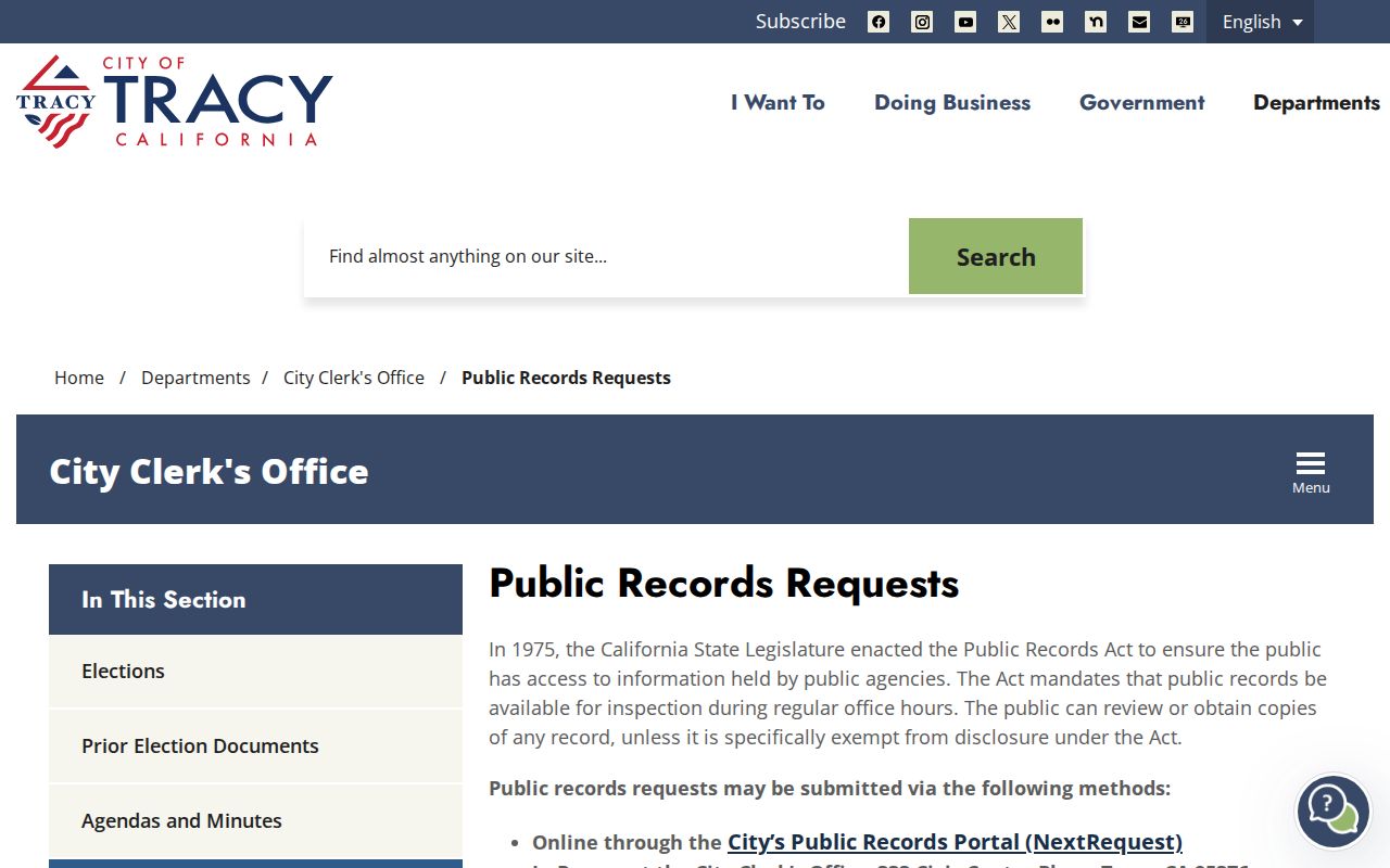 Tracy public records request instructions from the City Clerk